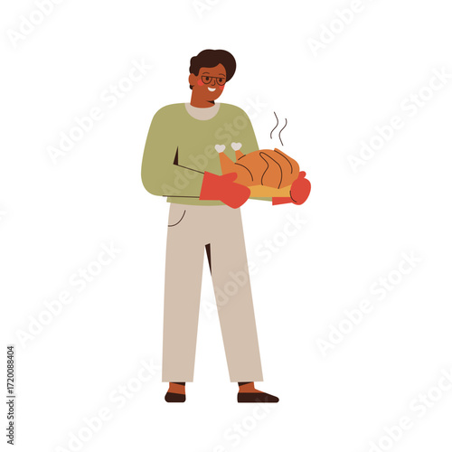 african american man holds baked turkey for thanksgiving day. Smiling father prepare chicken to festive family dinner. Vector illustration