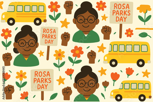 Illustration celebrating rosa parks day with diverse people buses and flowers