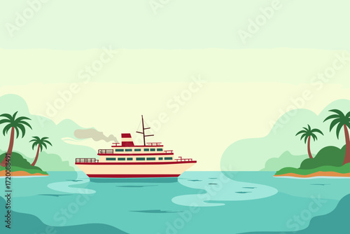 Cruise ship sailing in serene waters with palm trees in a tropical landscape