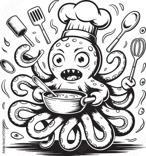 Whimsical octopus chef creating a culinary masterpiece with kitchen utensils