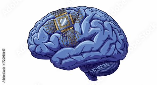 Futuristic brain with integrated microchip, symbolizing artificial intelligence, neural networks, and advanced technology in medical science and innovation