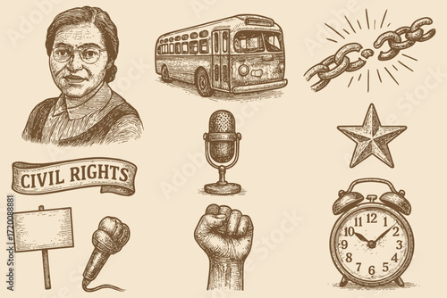 Collection of hand drawn illustrations representing the american civil rights movement and social justice