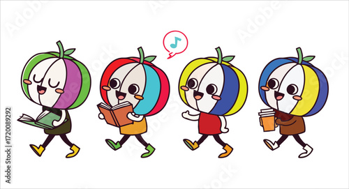 Art & Kawaii Cartoon Pumpkin Character Collection Walking in a Row for Autumn and Back to School Design
