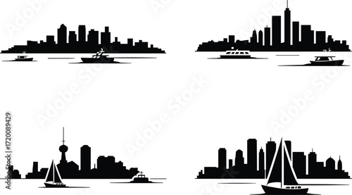 A vector silhouette set of waterfront city skylines, this collection features boats, yachts, and sailboats in a harbor with famous cityscapes