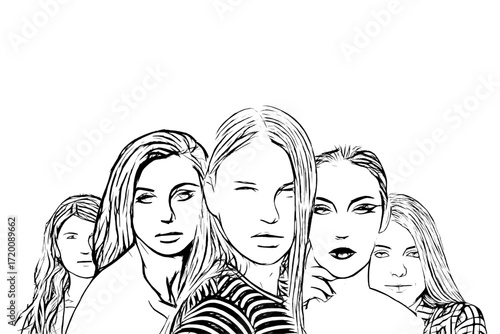 Group of confident women with diverse expressions, perfect for fashion and beauty projects