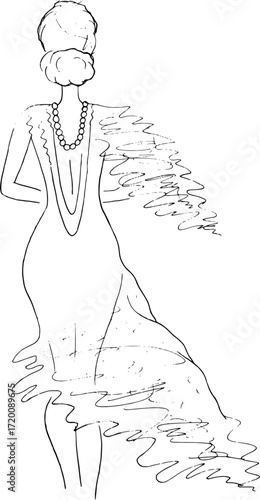 Elegant woman in flowing gown and pearls poses with sophisticated grace, embodying timeless glamour and fashion.