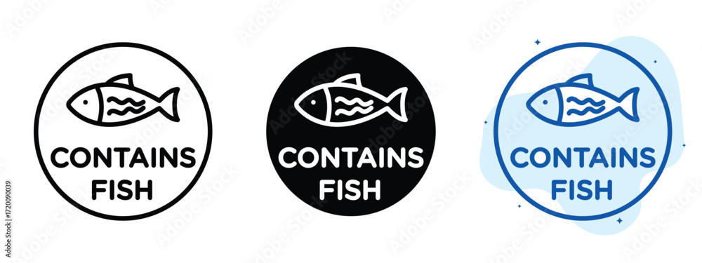 Obraz premium Set of pixel perfect colored Contains fish icon.eps , 1 Silhouette, 1 Unexpanded, Contains fish icon showing fish allergen in product.