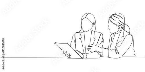 businesswomen collaborating line art vector illustration