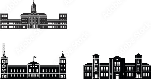 A vector icon set of university and college campus buildings, this collection features historic school and courthouse architecture for educational or government themes