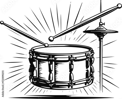 Drumsticks hitting a snare drum, motion lines included, clean vector line art 2