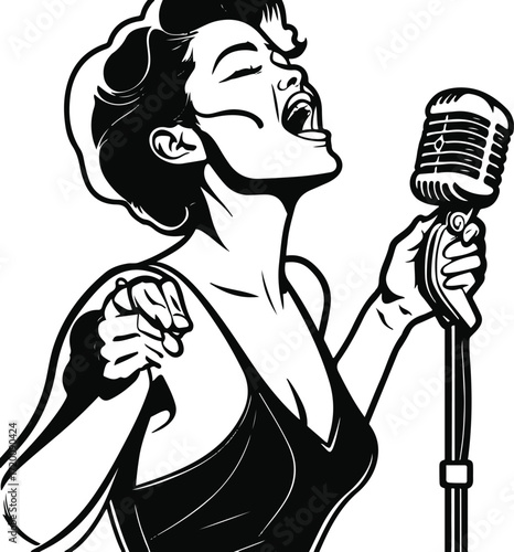 Line art of a person singing passionately into a microphone, expressive pose, black outline