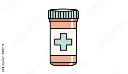 Illustration of a peach-colored pill bottle with a white label and a blue cross symbol on a white background.