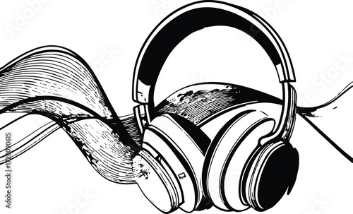 Line art of headphones with sound wave passing through 1