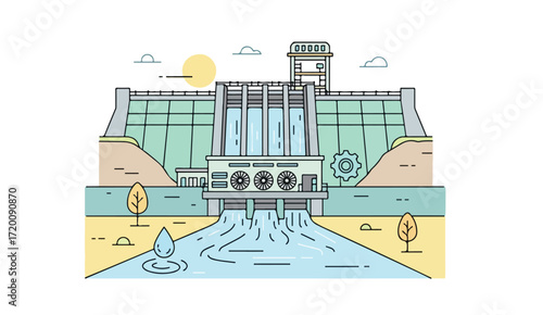 Illustration of a hydroelectric dam with flowing water, trees, and a sun in a minimalist, line art style.