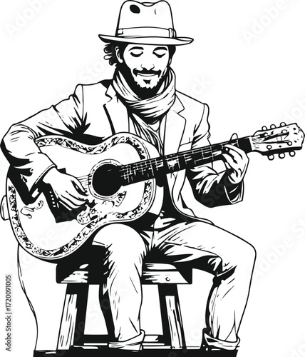 Line art of street guitarist sitting on stool playing acoustic guitar 1