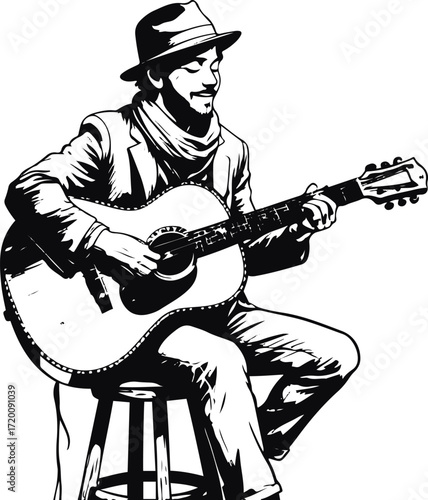Line art of street guitarist sitting on stool playing acoustic guitar