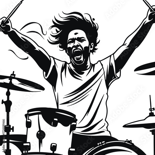 Minimalist outline of drummer mid-performance, arms in motion 1
