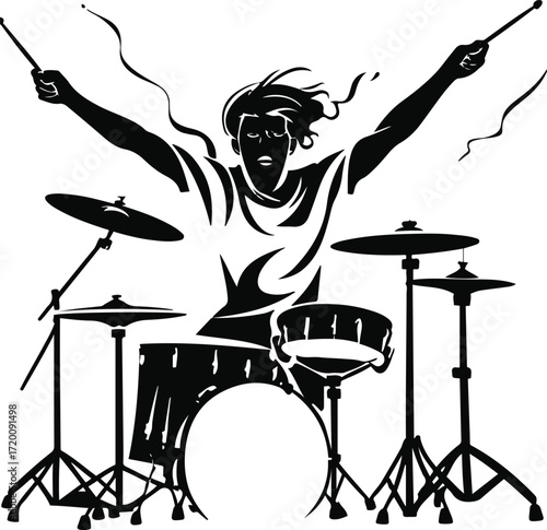 Minimalist outline of drummer mid-performance, arms in motion 2