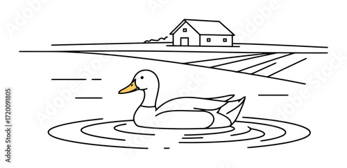 Duck Swimming in Pond, Farmhouse Vector Illustration