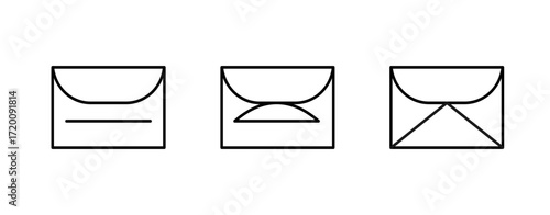 Set of three black-and-white envelope icons with varied flap designs—horizontal, curved, and triangular—isolated on white background, ideal for UI/UX, communication, and stationery themes