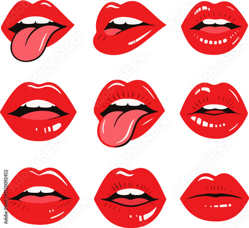Collection of Red Lips Illustrations A Pop Art Style Set of Mouths and Tongues