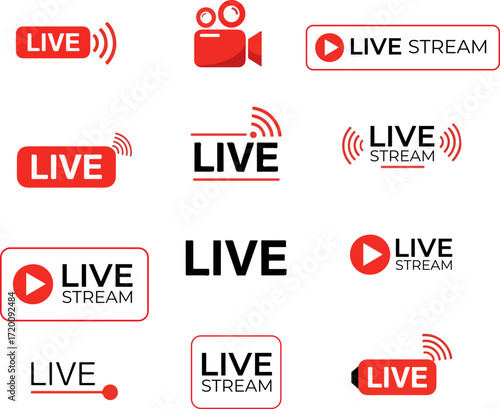 Live Stream Icons Broadcast, Streaming, Video, Online, Red