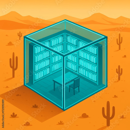Escape to Knowledge: Explore a serene library oasis amidst the desert landscape, a tranquil reading sanctuary for book lovers, creative and inspirational space