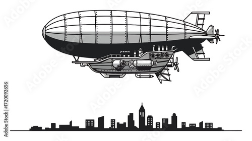 Steampunk Airship Over Cityscape - Vector Illustration
