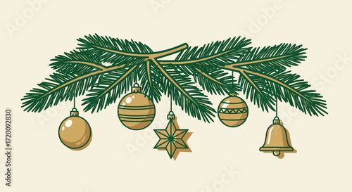Festive Christmas Decoration with Ornamented Spruce Branch and Hanging Ornaments