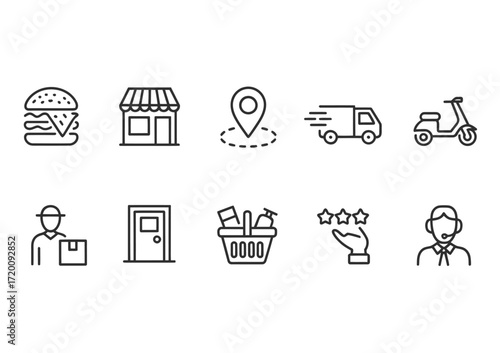 Food Delivery Icons – Restaurant, Online Ordering, Courier Service