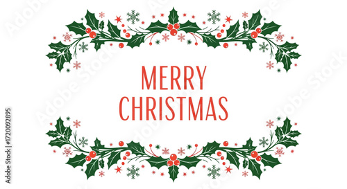 Festive Merry Christmas illustration with holly leaves and berries decoration design