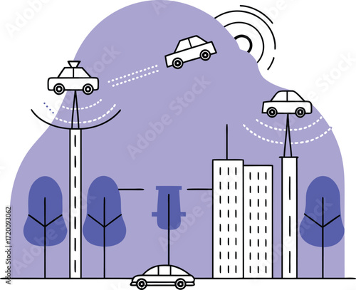 Vector illustration of a city at night with urban architecture, cartoon cars, and street lights under a night sky