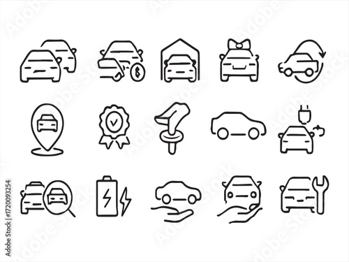 A vector set of diverse real estate icons, including various transportation vehicles like a car, bus, and truck Car dealer, vehicle and automobile industry related editable stroke outline icons set. 