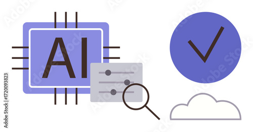 AI microchip, magnifying glass, control sliders, cloud, and checkmark for technology, machine learning, innovation, automation cloud computing software optimization and security. A simple flat