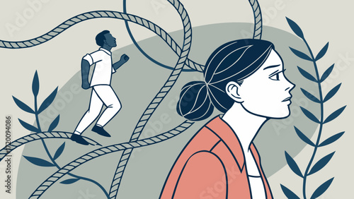 Abstract Vector of Woman with Rope-Like Vines and Man Whispering Behind, Symbolic Life Struggle 