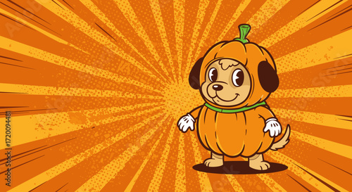 Cartoon dog dressed as a pumpkin on an orange burst background  