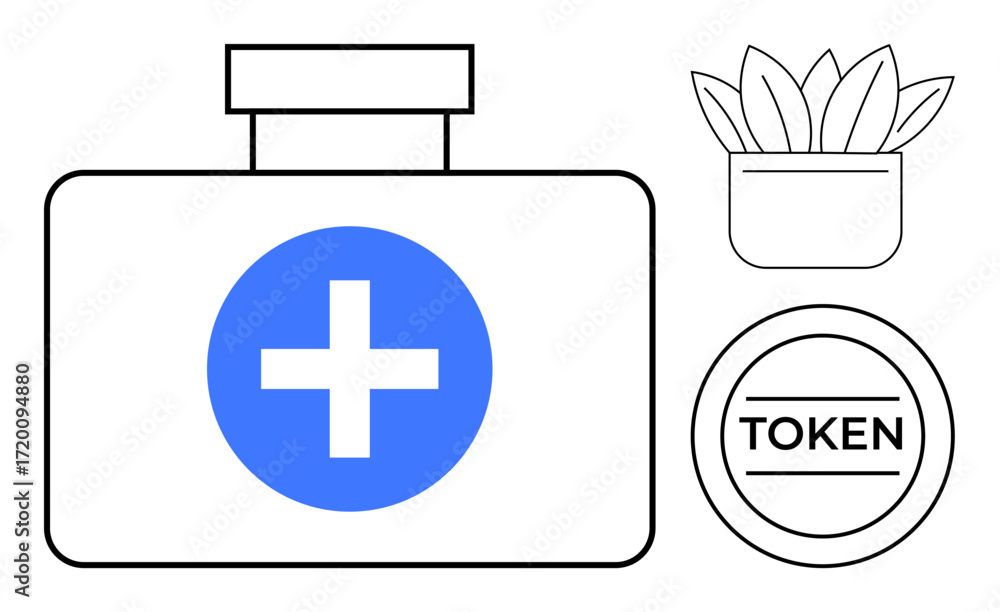 Obraz premium First aid kit with blue cross, potted plant, and token icon in clean line art. Ideal for healthcare, wellness, reward systems, nature, minimalism, sustainability modern design simple flat metaphor