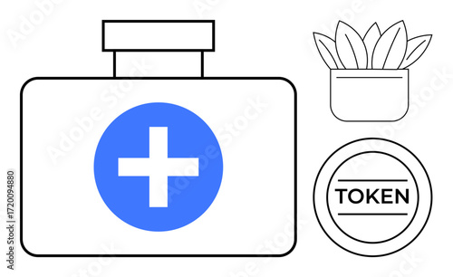 First aid kit with blue cross, potted plant, and token icon in clean line art. Ideal for healthcare, wellness, reward systems, nature, minimalism, sustainability modern design simple flat metaphor