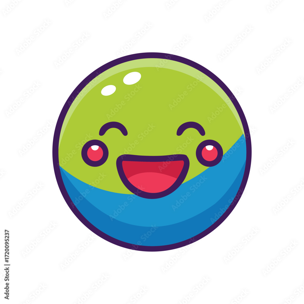 Fototapeta premium Delighted green and blue emoji with a wide smile isolated on white background perfect for expressing happiness