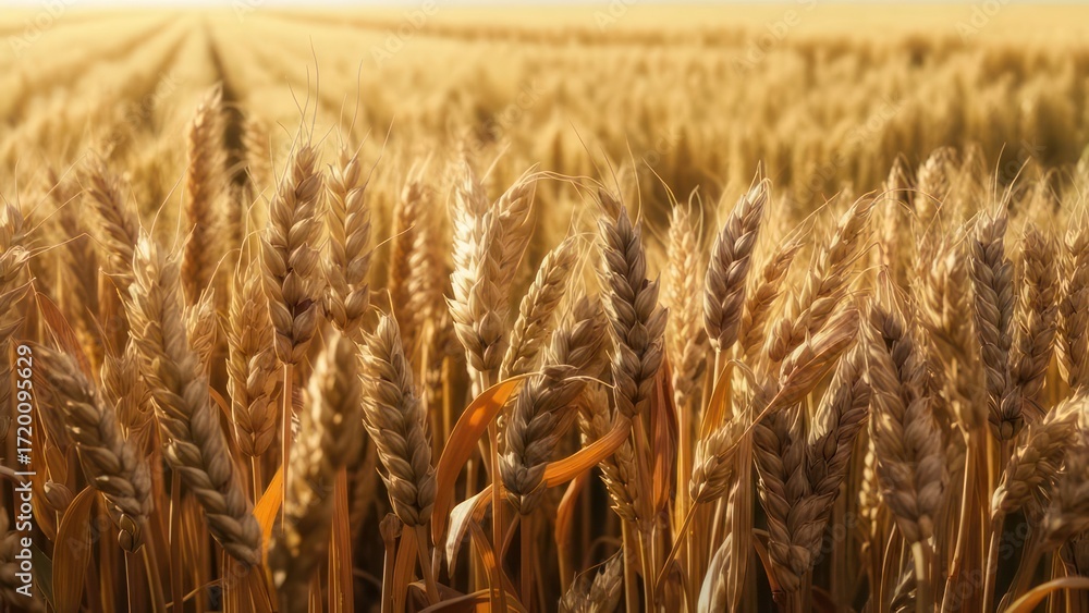 Fototapeta premium Golden wheat field rippling under warm sunlight, showcasing nature's abundance and the promise of harvest.