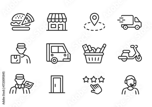 Food Delivery Icons – Restaurant, Online Ordering, Courier Service