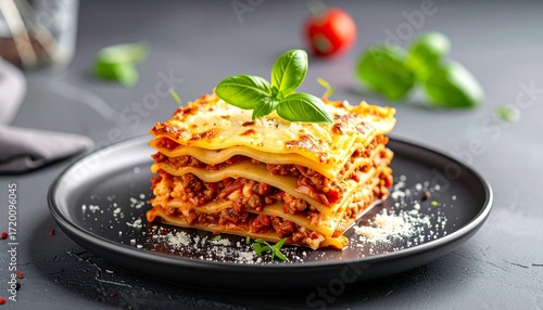 Classic Italian lasagna slice on black plate, garnished with basil and parmesan.