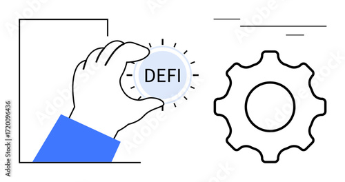 Hand grasping DeFi token alongside a gear, highlighting decentralized finance, innovation, and technical integration. Ideal for fintech, crypto, blockchain, collaboration, ecosystem future tech
