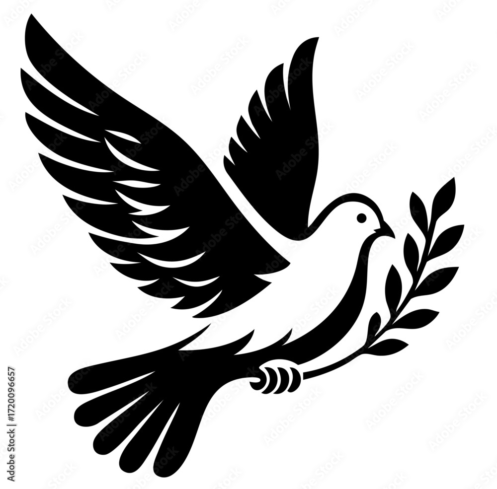 Obraz premium Black silhouette dove with olive branch, Christian symbol of divine peace, victory of light over darkness and eternal hope