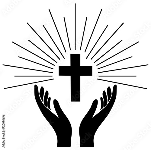 Christian cross with radiant light and uplifted hands, symbol of prayer, worship, thanksgiving, divine grace and eternal hope in Christ