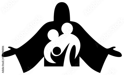Christian church community with Jesus embracing family, sign of love, mercy and spiritual protection