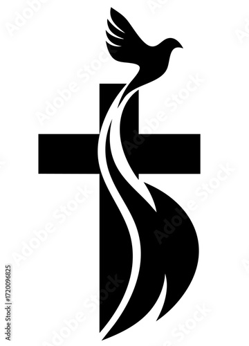 Christian cross with rising dove symbolizing resurrection, Holy Spirit and soul’s ascension to God