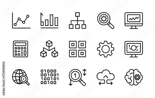 Digital Technology and Software Development Line Icons – Code, Cloud, Settings, Monitor, and Data Symbols