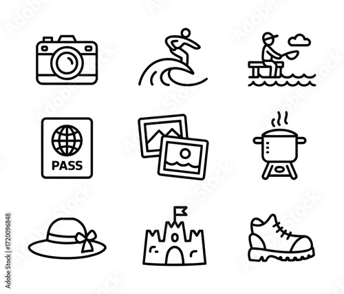 Travel and Outdoor Adventure Line Icons – Camera, Surfing, Passport, Hiking, and Vacation Symbols