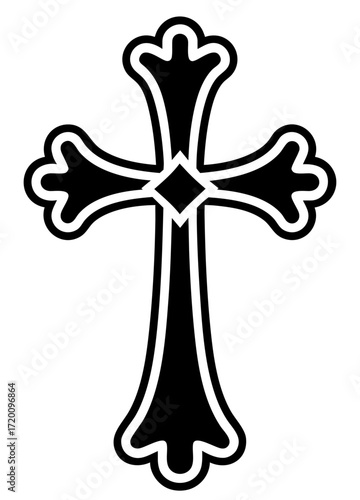 Orthodox decorative cross with trefoil ends and central diamond, symbol of unshakable Christian faith and spiritual foundation